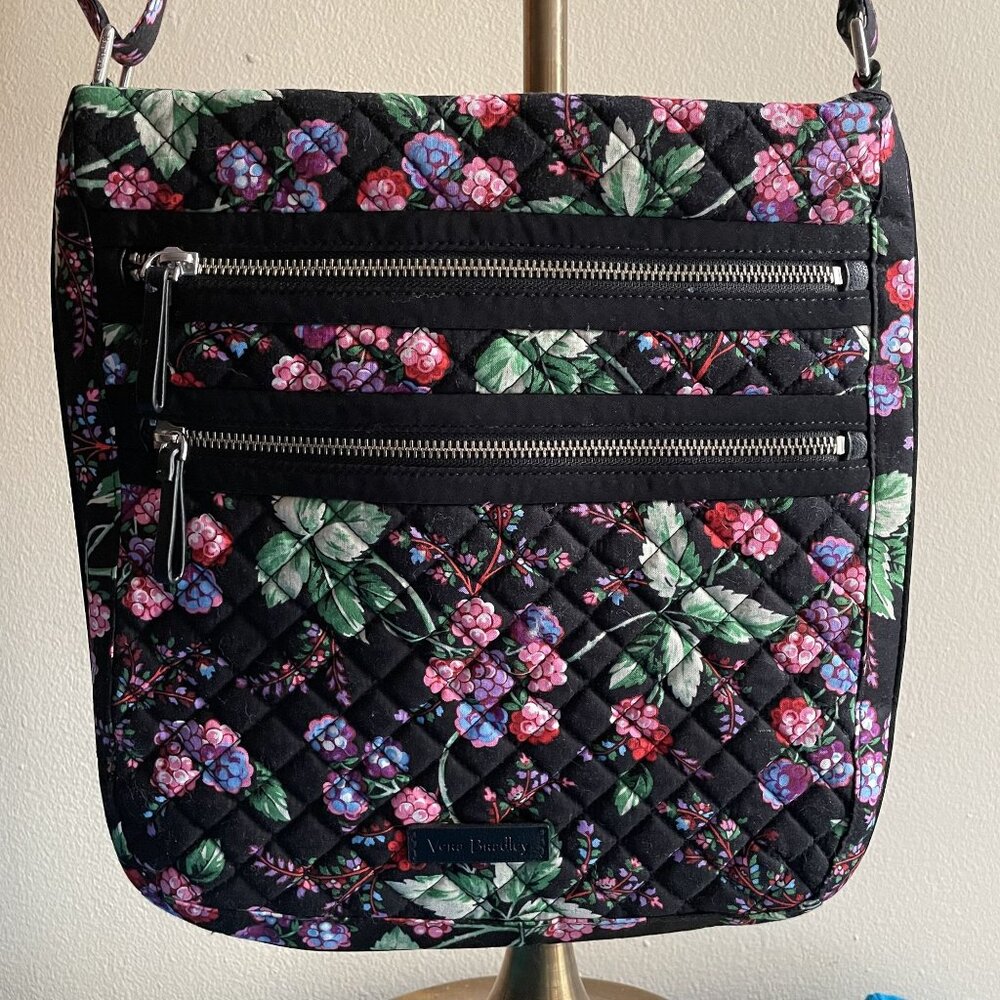 Vera Bradley Raspberry Floral Quilted Crossbody Bag With Multiple Zip Pockets